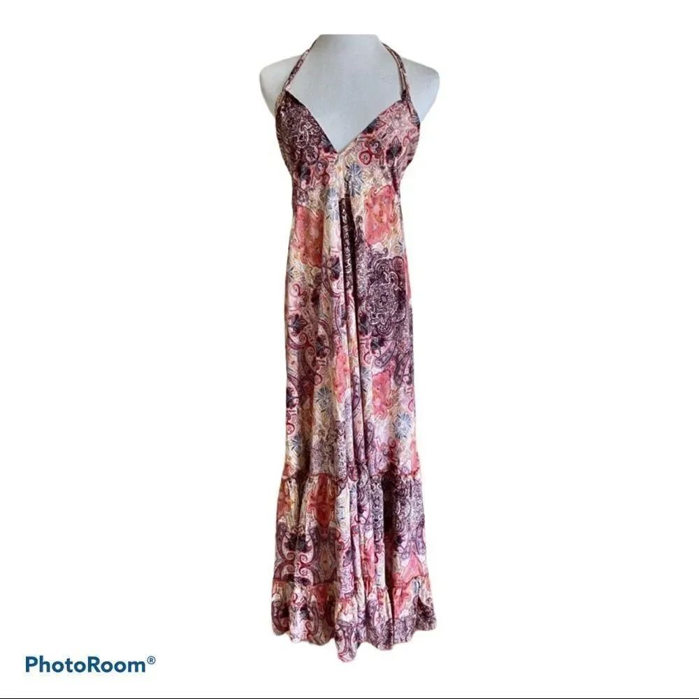 RAGA Anthropologie Boho colorful halter neck long open back Maci dress S